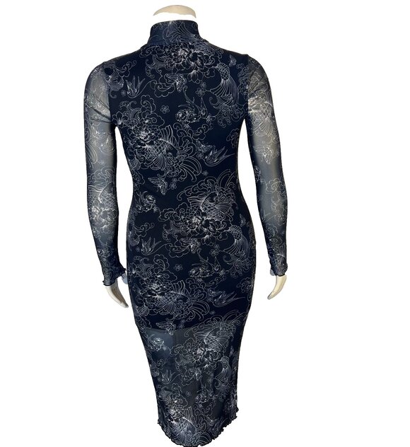 Forever 21 Bodycon Dress Womens M Asian Print Stretch Long Sleeve Mesh Mock Neck - Picture 6 of 14